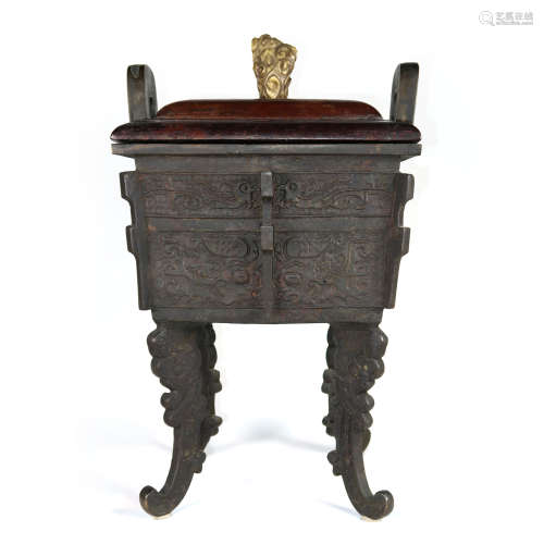 17/18TH C. LARGE BRONZE ARCHAIC STYLE FANG DING CENSER
