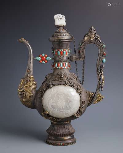 SOTHEBY'S: 19TH C. MONGOLIAN JADE-INLAID SILVER EWER