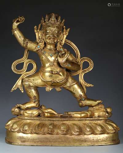 LARGE GILT BRONZE FIGURE OF MAHAKALA