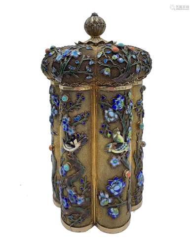 CHINESE EXPORT ENAMELED SILVER GILT FILIGREE TEA CADDY