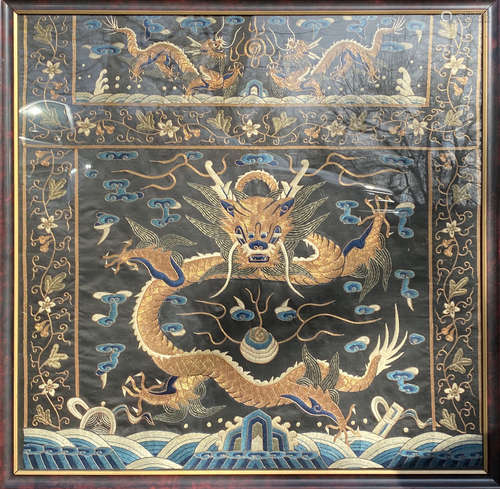 FRAMED CHINESE EMBROIDERED SILK DRAGON PANEL