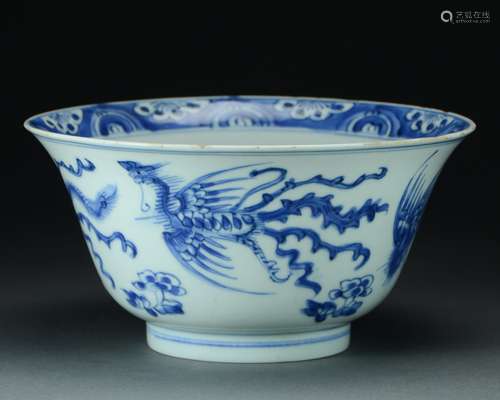 BLUE & WHITE PORCELAIN PHOENIX BOWL, KANGXI PERIOD.