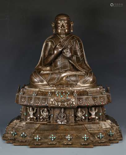 RARE SILVER-INLAID COPPER ALLOY FIGURE OF A GURU