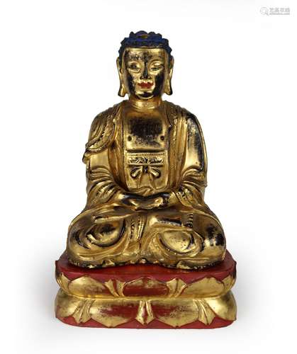 A CHINESE GILT BRONZE BUDDHA WITH WOOD BASE