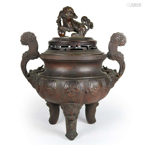 LARGE HEAVY ORNATE BRONZE TRIPOD CENSER WITH MARK