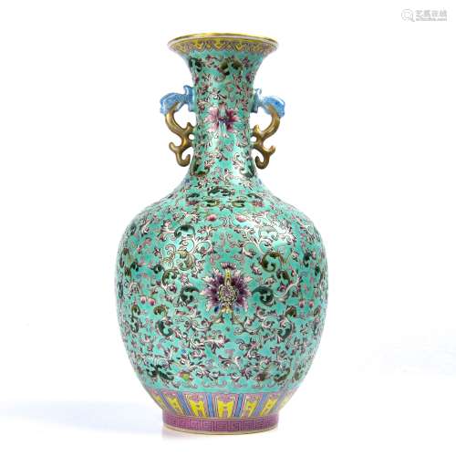 TURQUOISE GROUND FAMILLE ROSE FLOWER VASE WITH MARK