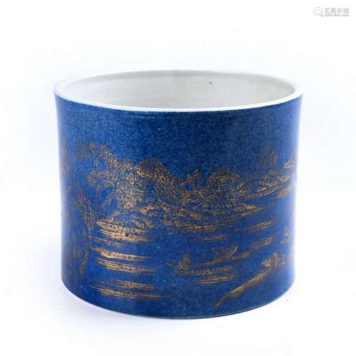 BLUE GLAZED WITH GILT PAINTING PORCELAIN BRUSH POT