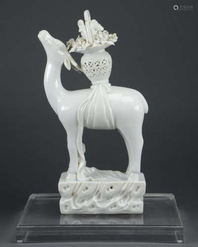 19TH C. BLANC DE CINE DEER WITH FLOWER BASKET