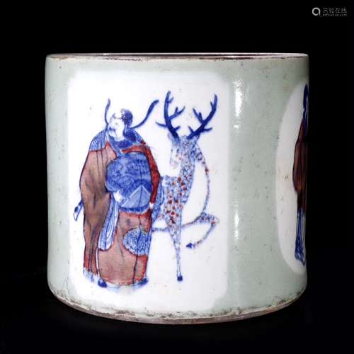 GLAZED PORCELAIN PAINTED BRUSH POT WITH MARK