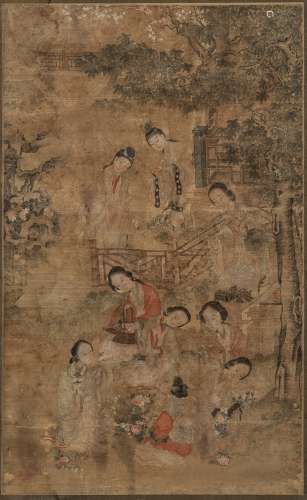 CHINESE HANGING SCROLL DEPICTING LADIES IN COURTYARD