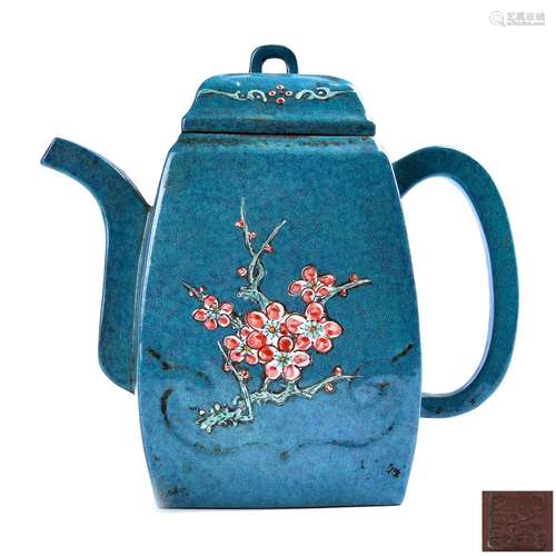 BLUE GLAZED ENAMELED ZISHA TEA POT