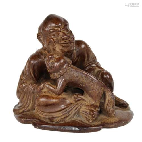 CHINESE CARVED BAMBOO FIGURE OF SEATED LOHAN, QING DYN.