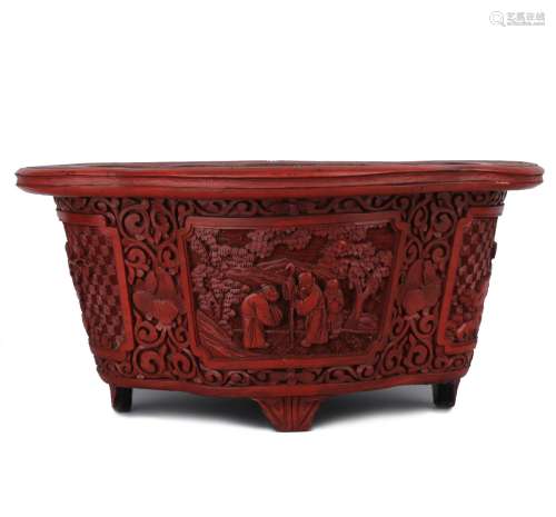 CARVED RED CINNABAR  LACQUERED JARDINIERE