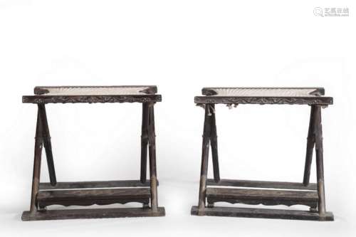 PAIR OF CHINESE ZITAN WOOD FOLDING STOOLS