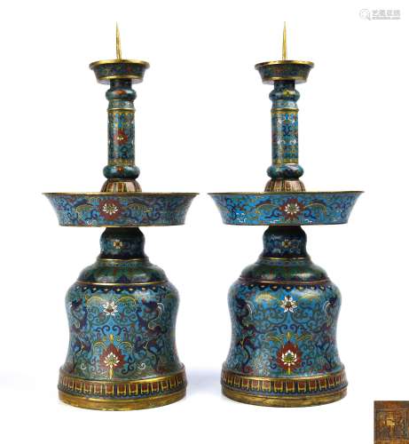 LARGE PAIR OF CLOISONNE ENAMEL CANDLE HOLDERS WITH MARK