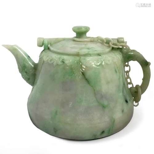 CHINESE JADEITE CARVED TEAPOT WITH CHAINED COVER
