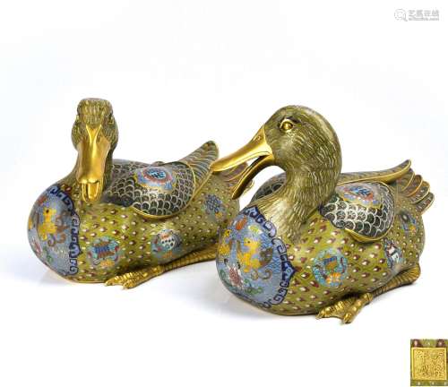 GILT BRONZE AND CLOISONNE DUCKS WITH MARK