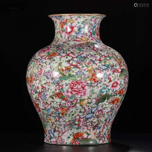 FAMILLE ROSE POENY FLOWER PORCELAIN VASE WITH MARK