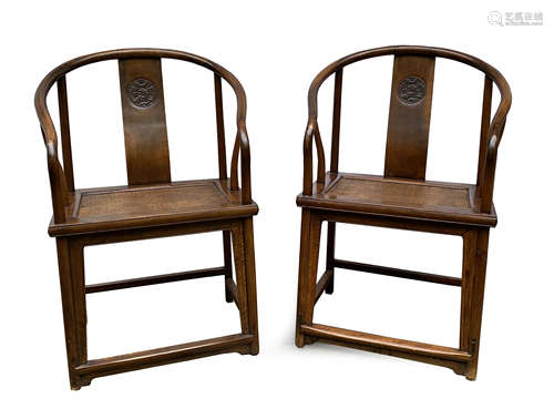 PAIR CHINESE HUANGHUALI HORSESHOE BACKED ARM CHAIR