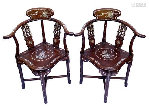 MOTHER OF PEARL INLAID CHINESE HARD WOOD CHAIRS