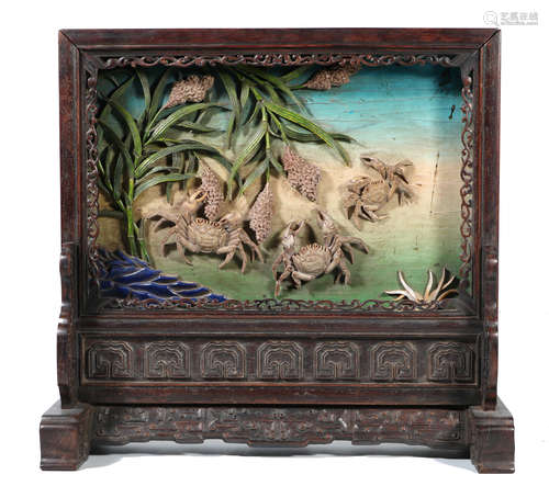 CHINESE GEM STONE INLAID CRAB ZITAN TABLE SCREEN