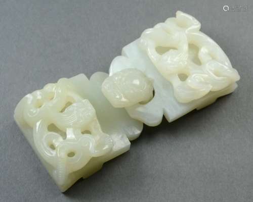 CHINESE NEPHRITE WHITE JADE TWO-PART BUCKLE, 18/19TH C.