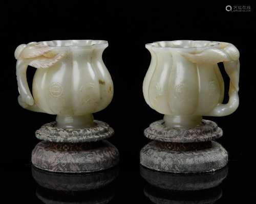 PAIR OF CARVED JADE FLOWER BLOSSOM CUPS