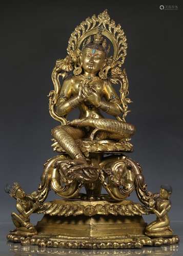 VERY FINELY CAST  GILT BRONZE FIGURE OF GREEN TARA