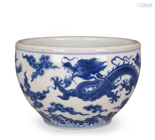 CHINESE BLUE AND WHITE DRAGON PORCELAIN BOWL WITH MARK