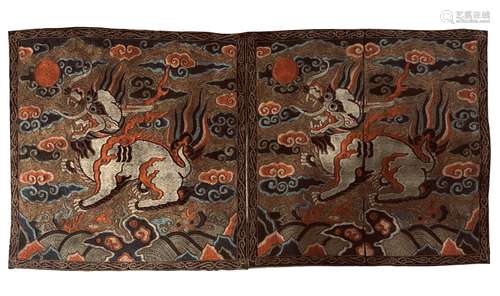 CHINESE SILK EMBROIDERED GUARDIAN LION PANEL