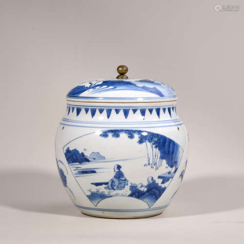 明崇祯十六年（1643年） 青花开光山水题诗纹盖罐