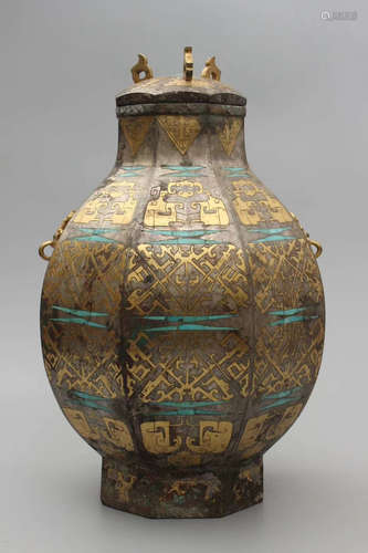 GILT BRONZE INLAID TURQUOISE  FACETED  STORAGE VESSEL