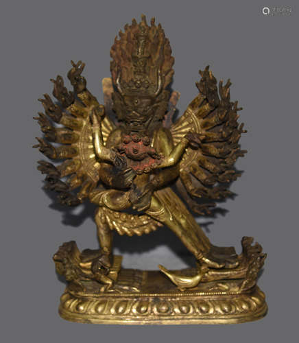 VERY FINELY CAST  GILT BRONZE FIGURE OF YAMANTANKA