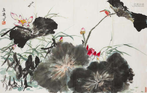 Wang Xuetao (1903-1982)   Lotus, Kingfisher and Dragonfly