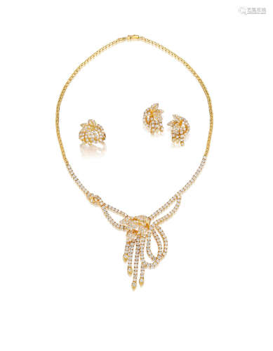 A Diamond 'Foliate' Necklace, Ring and Earring Suite  (3)
