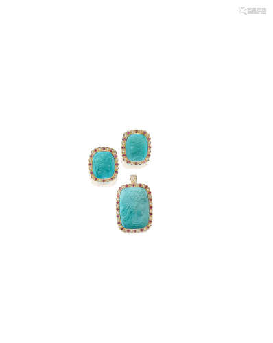 A Turquoise, Ruby and Diamond Pendant/Brooch and Earring Suite, by Wallace Chan  (2)