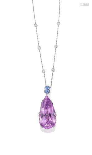 A Kunzite, Sapphire and Diamond Pendant Necklace