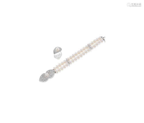 A Cultured Pearl and Diamond Bracelet and Ring Suite  (2)