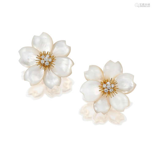 A Pair of Mother-of-Pearl and Diamond 'Rose de Noël' Earrings, by Van Cleef & Arpels