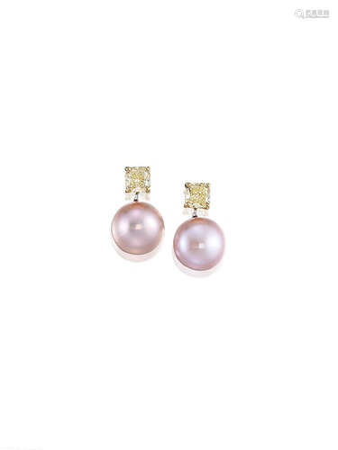 A Pair of Fancy Coloured Diamond and Cultured Pearl Pendent Earrings, by Graff