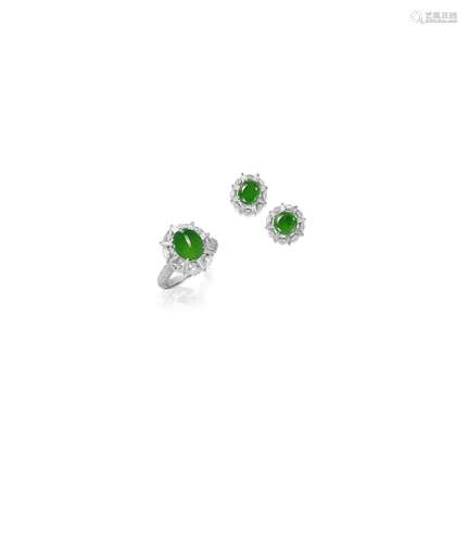 A Jadeite and Diamond Ring and Earring Suite  (2)