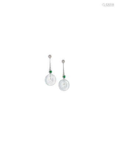 A Pair of Icy Jadeite 'Huaigu', Jadeite and Diamond Pendent Earrings