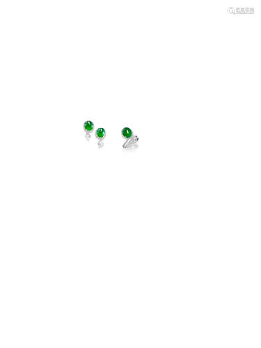 A Jadeite and Diamond Ring and Earring Suite  (2)