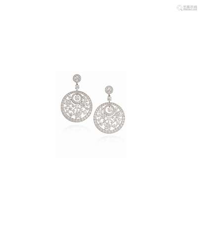 A Pair of Diamond 'Flower Motif Circular' Pendent Earrings, by Graff