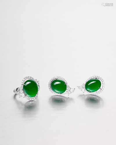 A Jadeite and Diamond Ring and Earring Suite  (2)