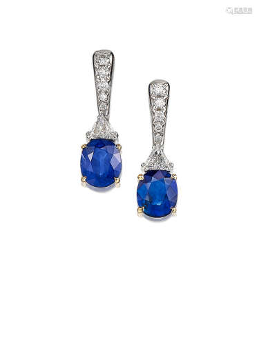 A Pair of Sapphire and Diamond Pendent Earrings, by La Serlas
