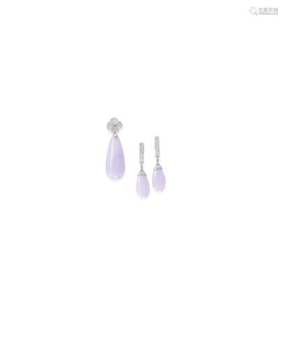 A Lavender Jadeite and Diamond Pendant and Earring Suite  (2)