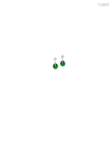 A Pair of Jadeite and Diamond Pendent Earrings