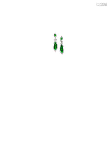 A Pair of Jadeite and Diamond 'Peapod' Earrings