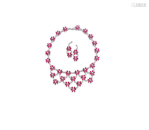 A Ruby and Diamond 'Floral' Necklace and Earring Suite (2)  (2)